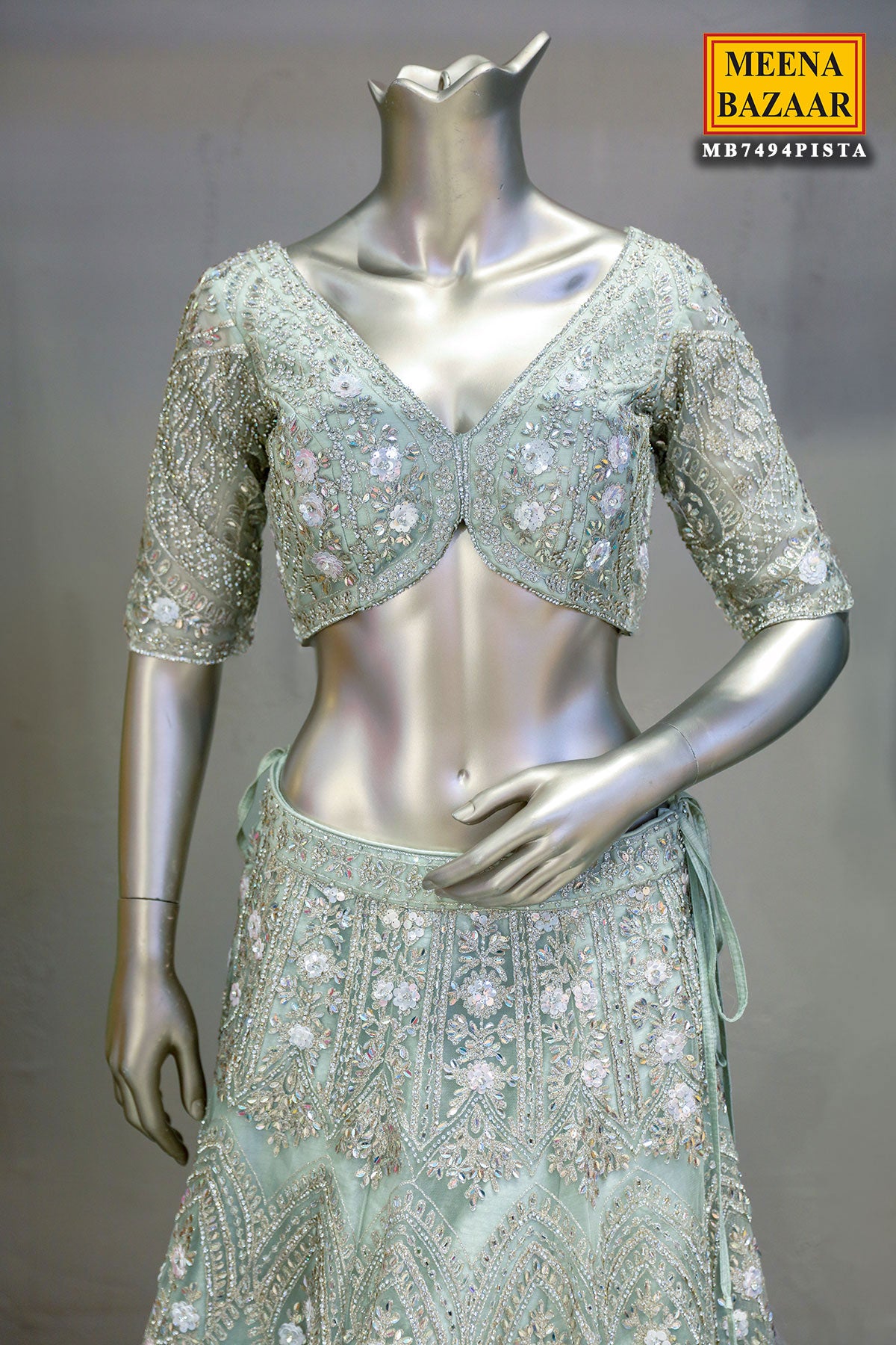 Pista Green Net Hand-Embroidered Lehenga