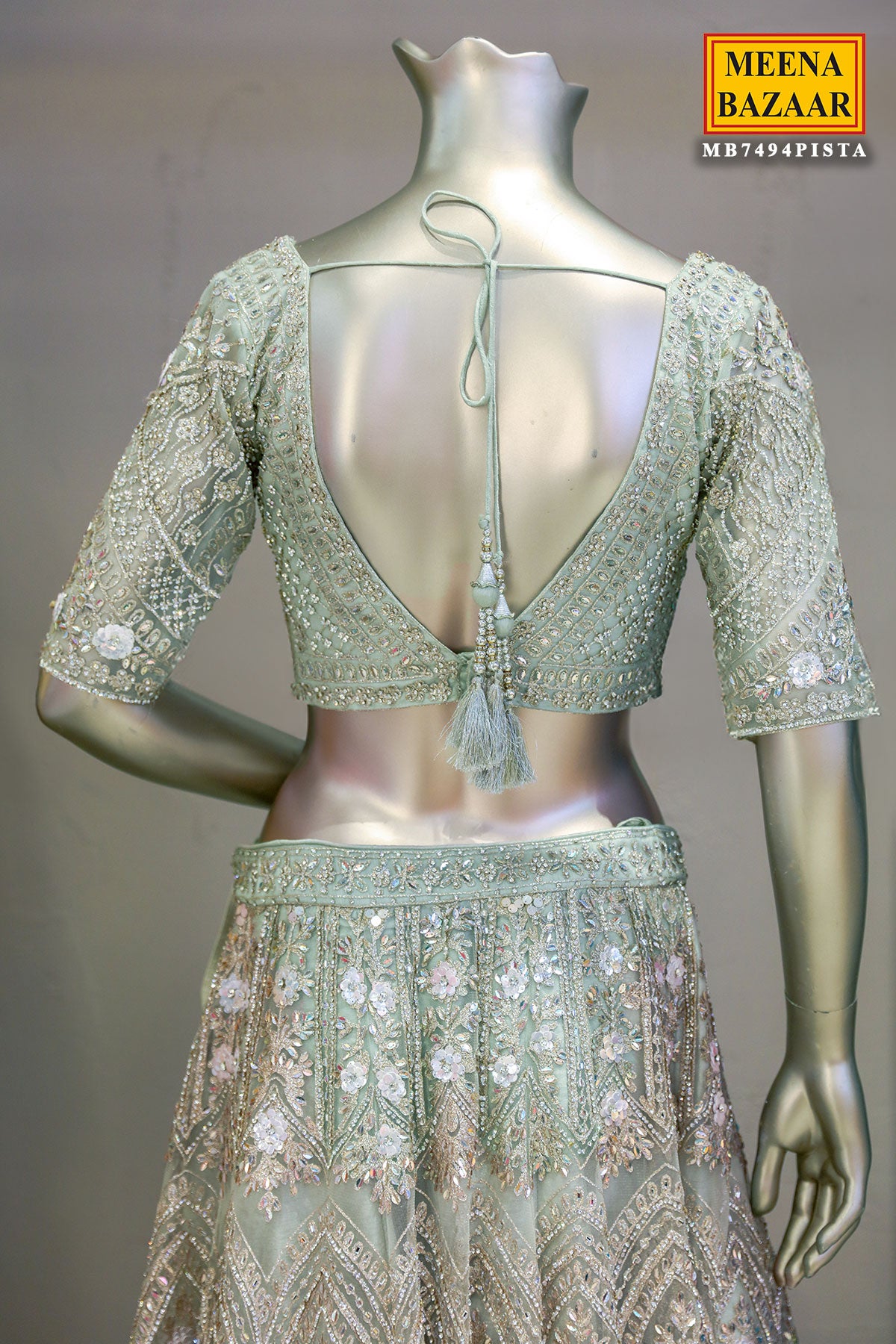 Pista Green Net Hand-Embroidered Lehenga