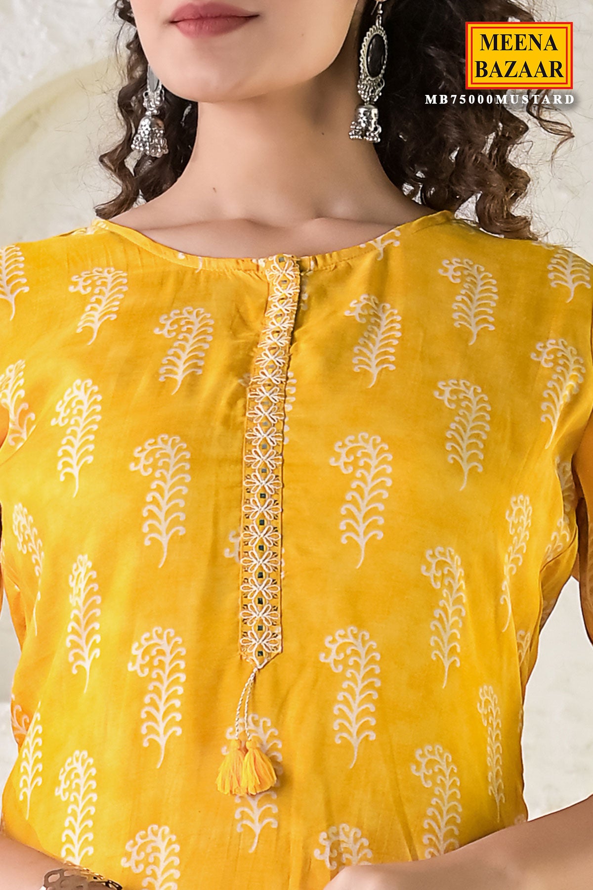 Mustard Silk Floral Printed Neck Embroidered Kurti Pant Set