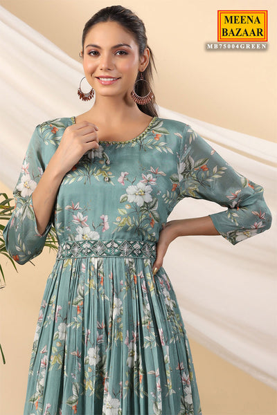 Green Crepe Floral Printed Kurti Dress with Neck Embroidery