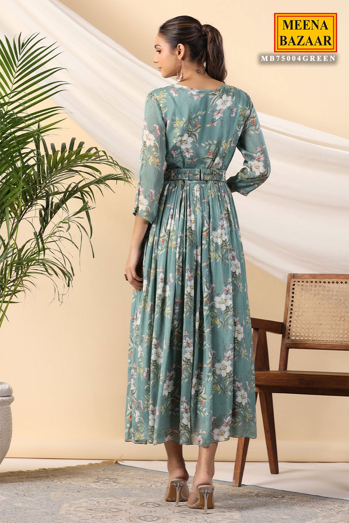 Green Crepe Floral Printed Kurti Dress with Neck Embroidery