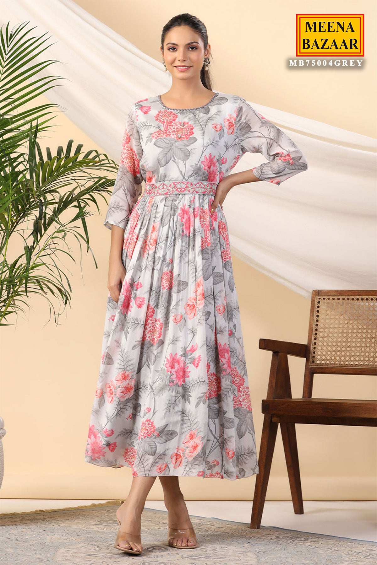 Grey Crepe Floral Printed Kurti Dress with Neck Embroidery