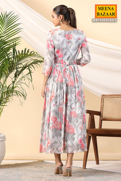 Grey Crepe Floral Printed Kurti Dress with Neck Embroidery