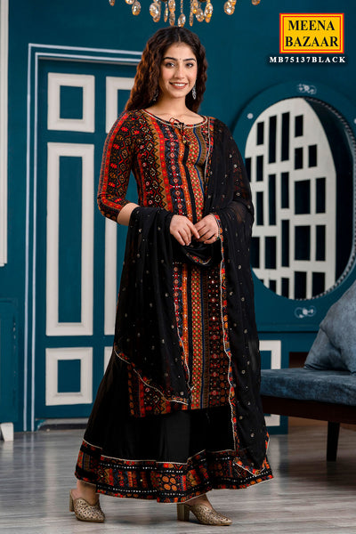 Black Rayon Sequins Embroidered Palazzo Suit Set