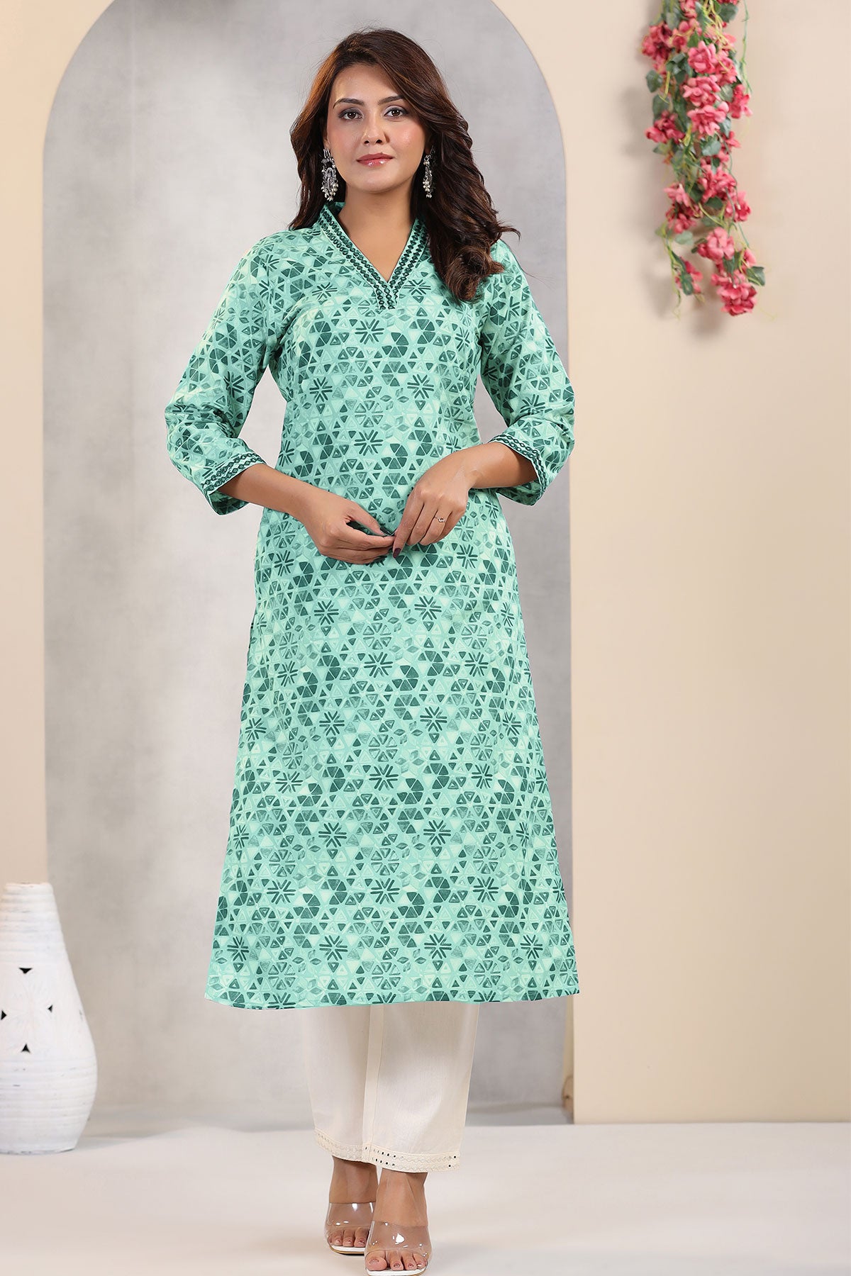 Firozi Muslin Printed Kurti Pant with Embroidered Neck