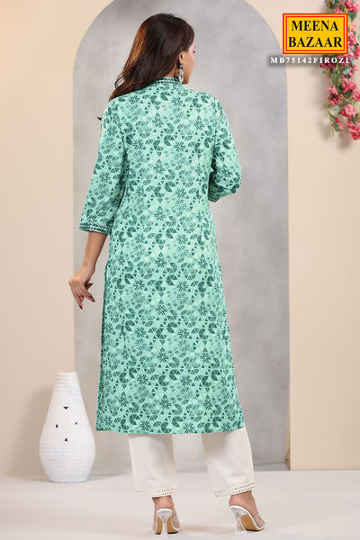 Firozi Muslin Printed Kurti Pant with Embroidered Neck