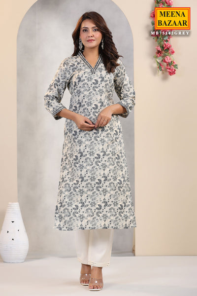 Grey Muslin Printed Kurti Pant with Embroidered Neck