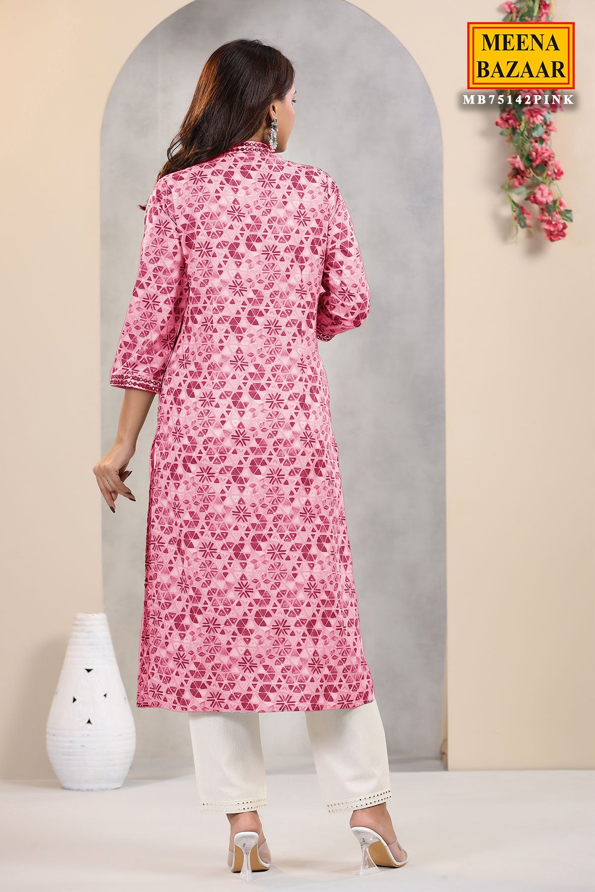 Pink Muslin Printed Kurti Pant with Embroidered Neck