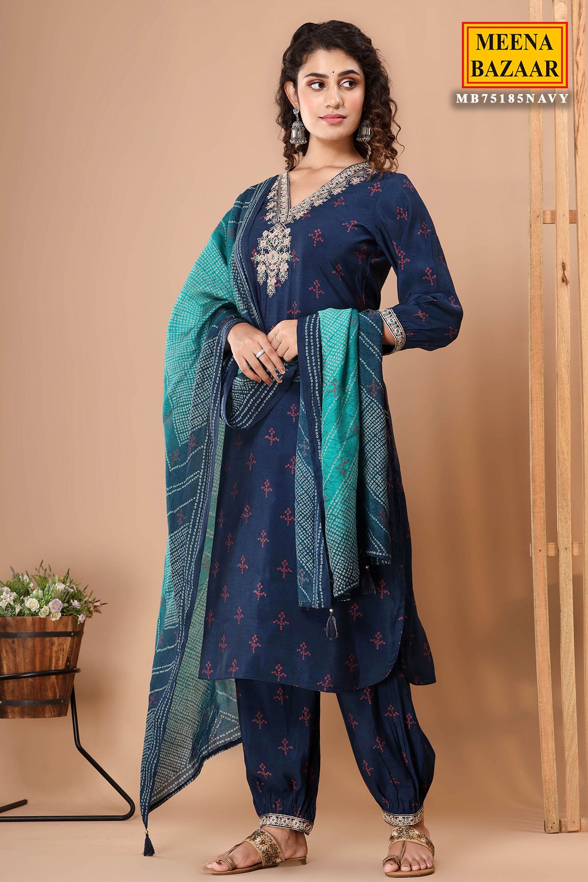 Navy Silk Printed Zari and Thread Embroidered Suit