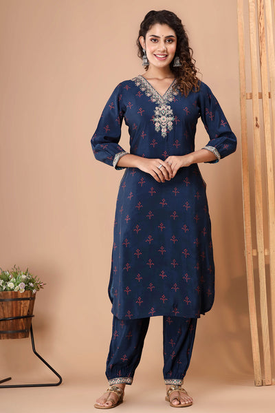 Navy Silk Printed Zari and Thread Embroidered Suit