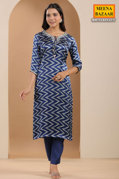 Navy Crepe Chevron Printed Neck Embroidered Suit