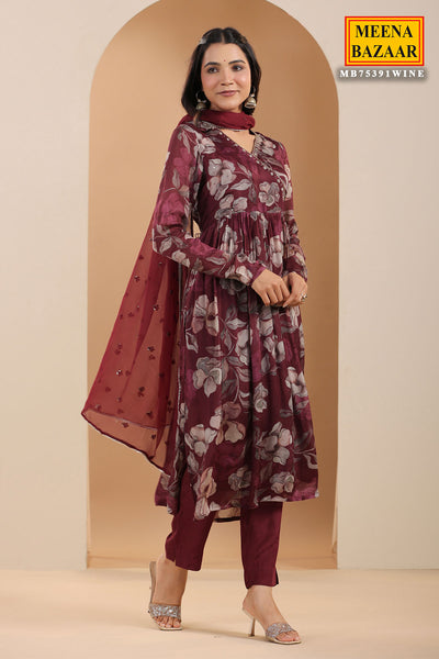 Wine Chiffon Floral Printed Neck Embroidered Suit