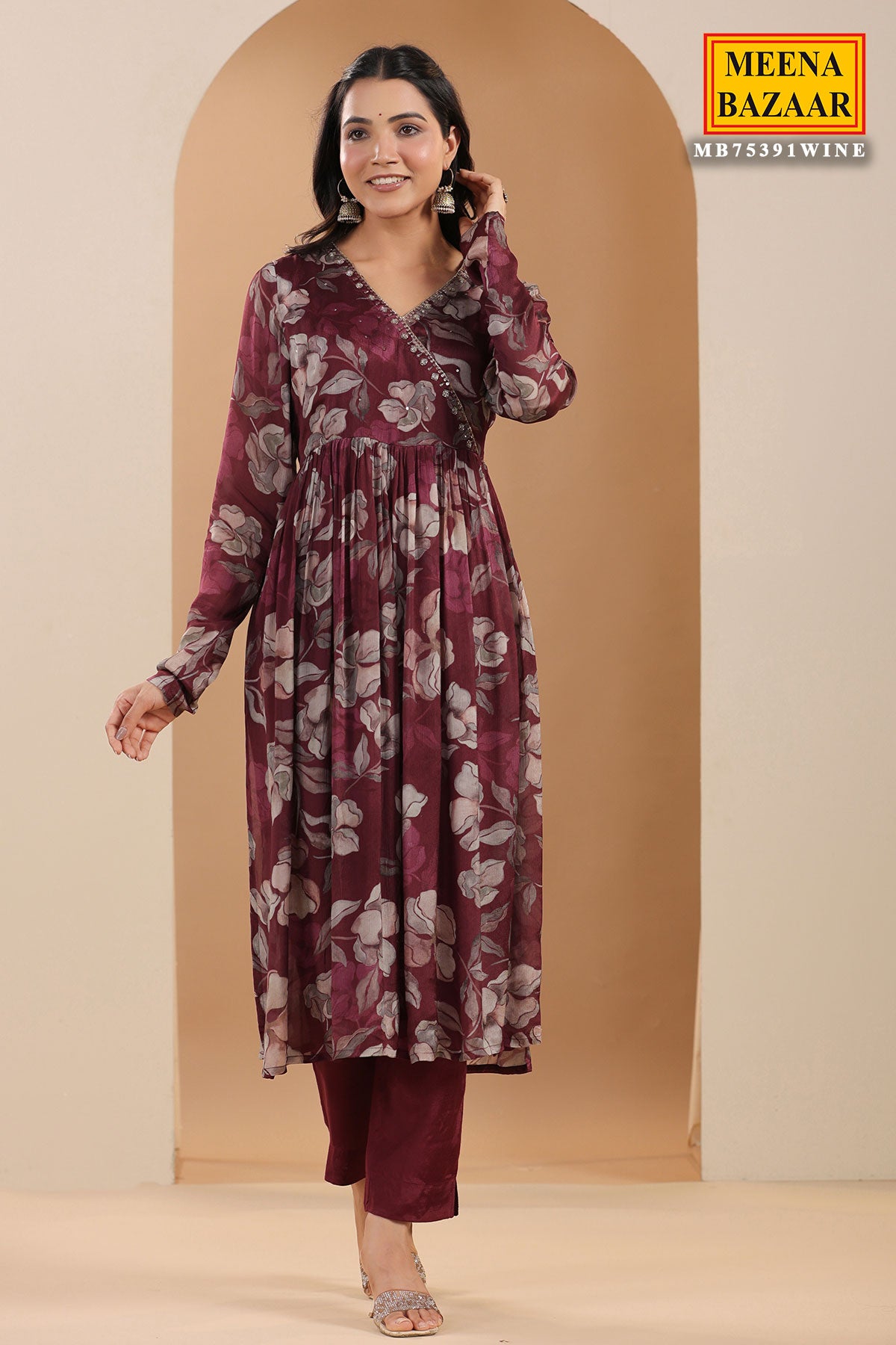 Wine Chiffon Floral Printed Neck Embroidered Suit