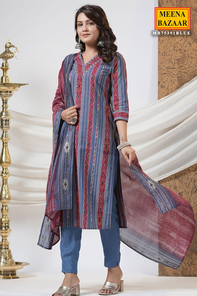 Blue Blended Silk Printed Neck Embroidered Suit