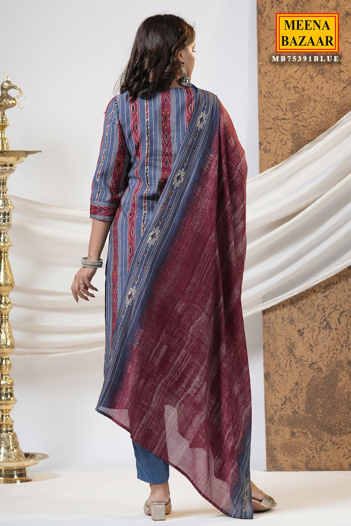 Blue Blended Silk Printed Neck Embroidered Suit