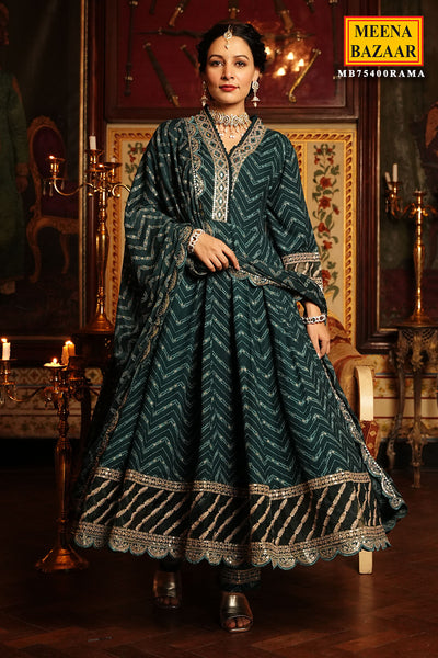 Rama Green Muslin Floral Printed Embroidered Suit