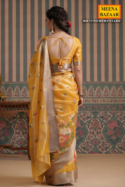 Mustard Cotton Threadwork and Zari Embroidered Saree