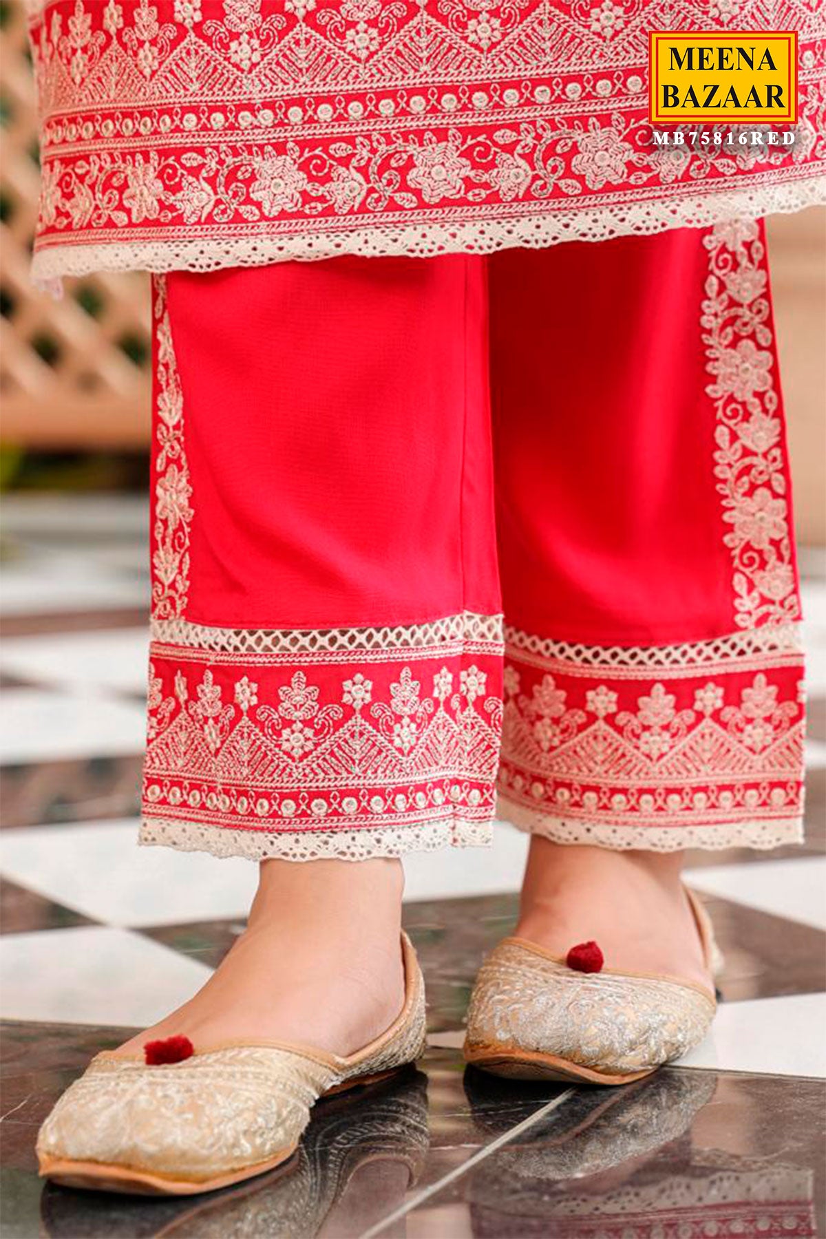Red Cotton Jacquard Embroidered Kurta Pants Suit Set