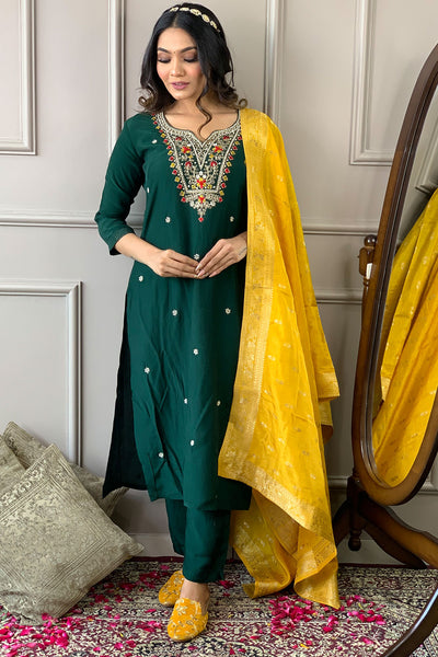 Bottle Green Muslin Neck Embroidered Kurti with Pant