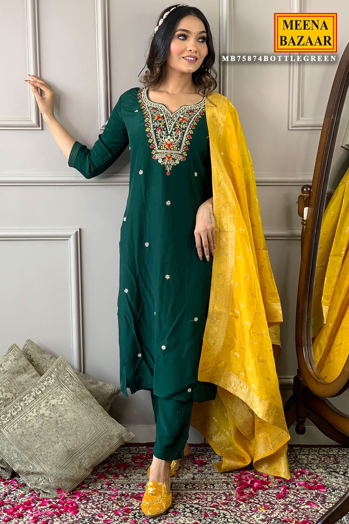 Bottle Green Muslin Neck Embroidered Kurti with Pant