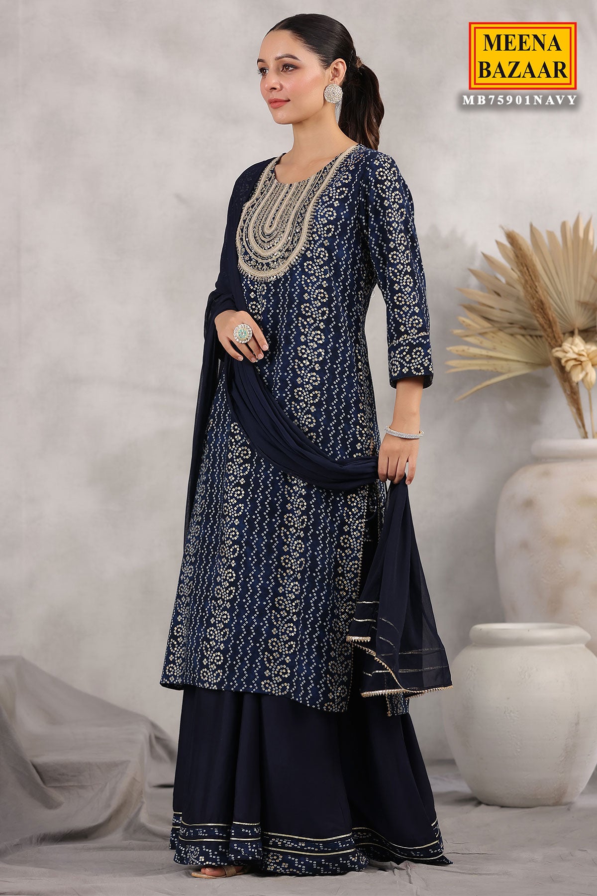 Navy Rayon Sequins Embroidered Kurti Palazzo Suit Set