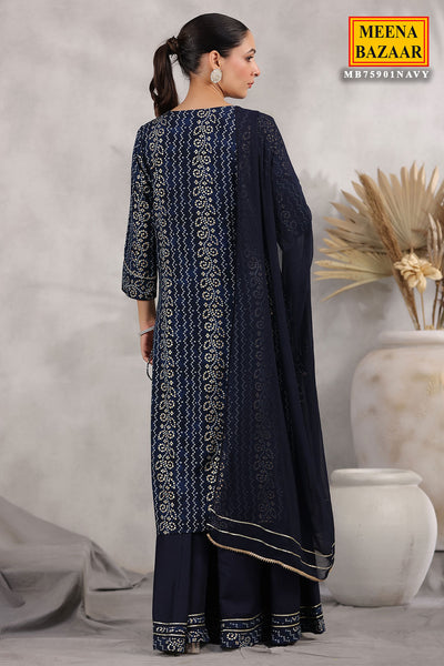 Navy Rayon Sequins Embroidered Kurti Palazzo Suit Set