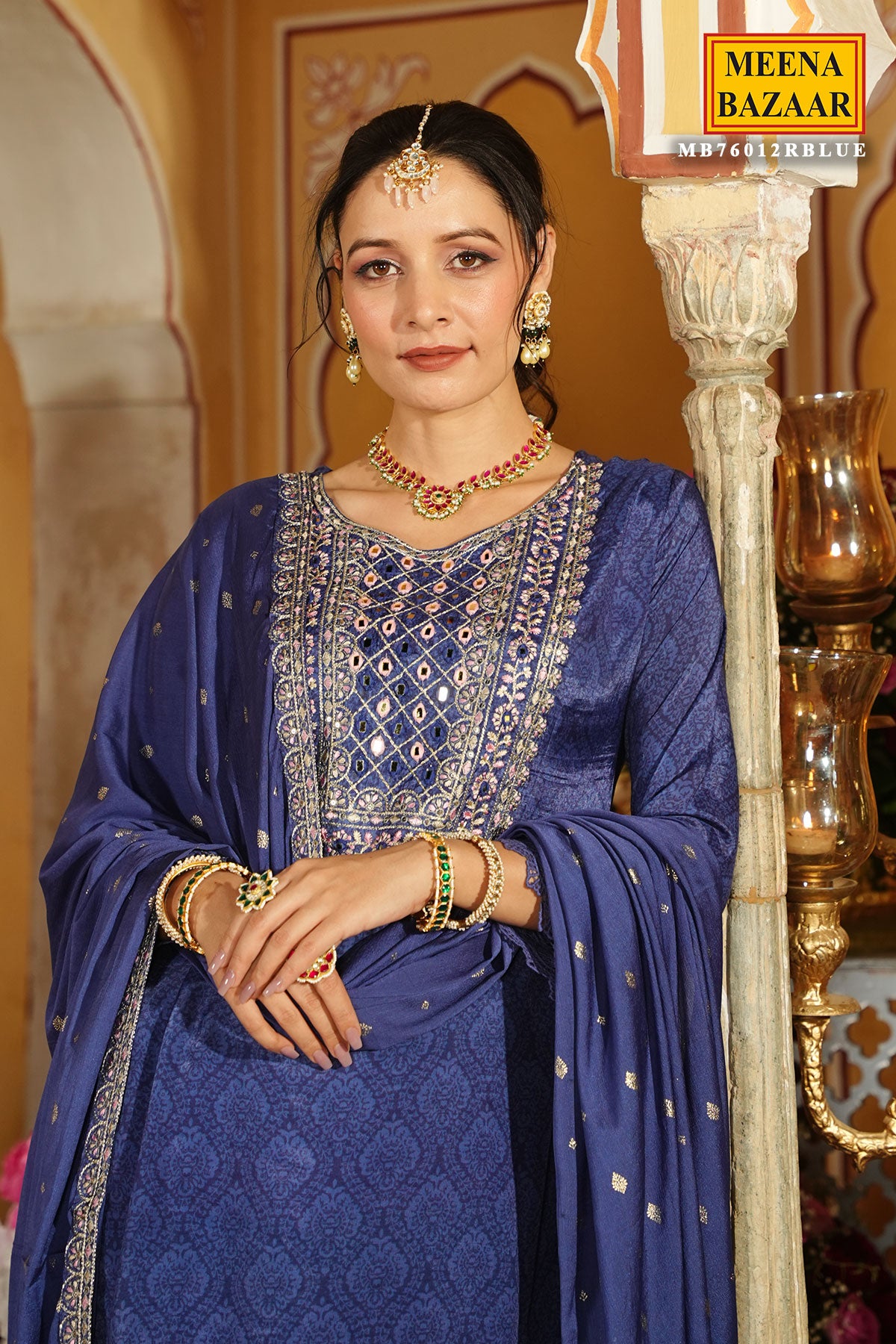Blue Chinon Threadwork Sequins and Zari Embroidered Suit