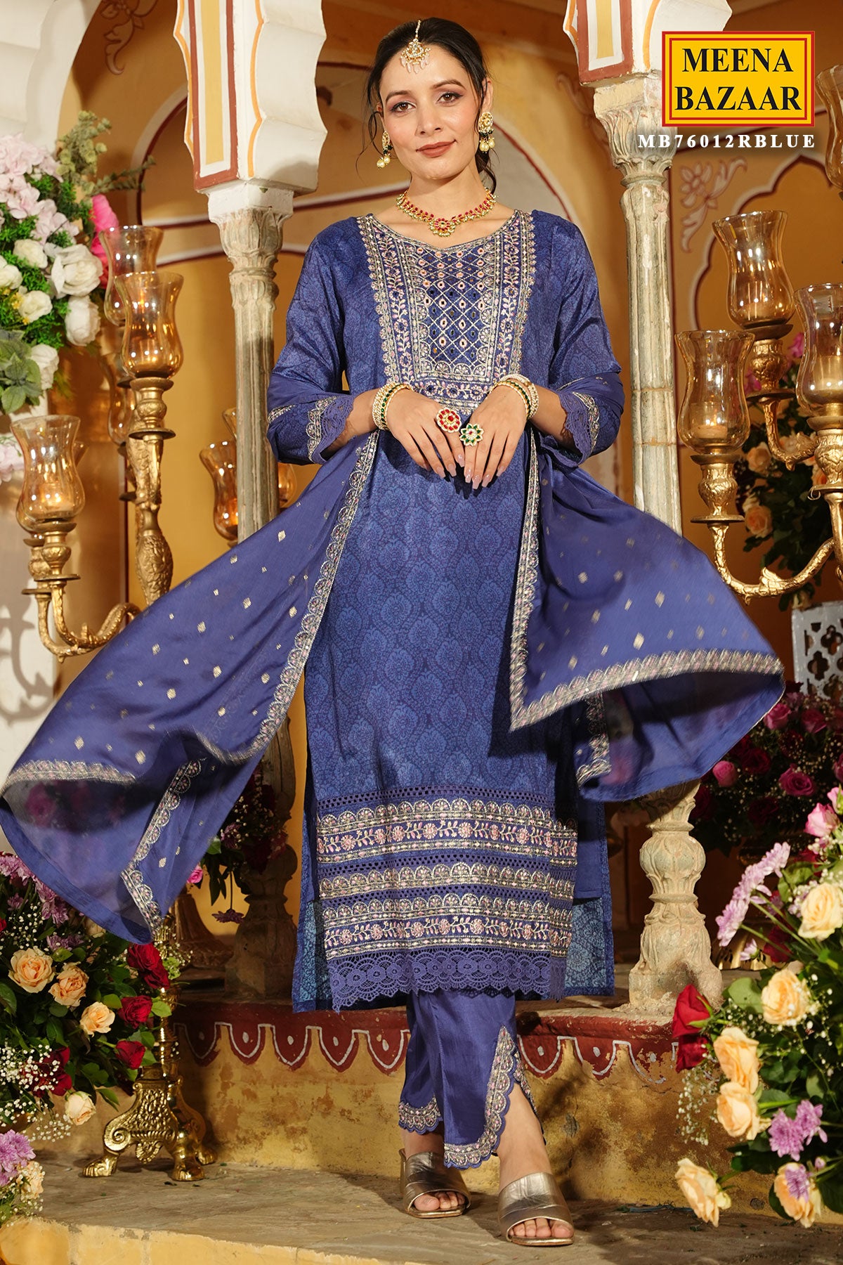 Blue Chinon Threadwork Sequins and Zari Embroidered Suit