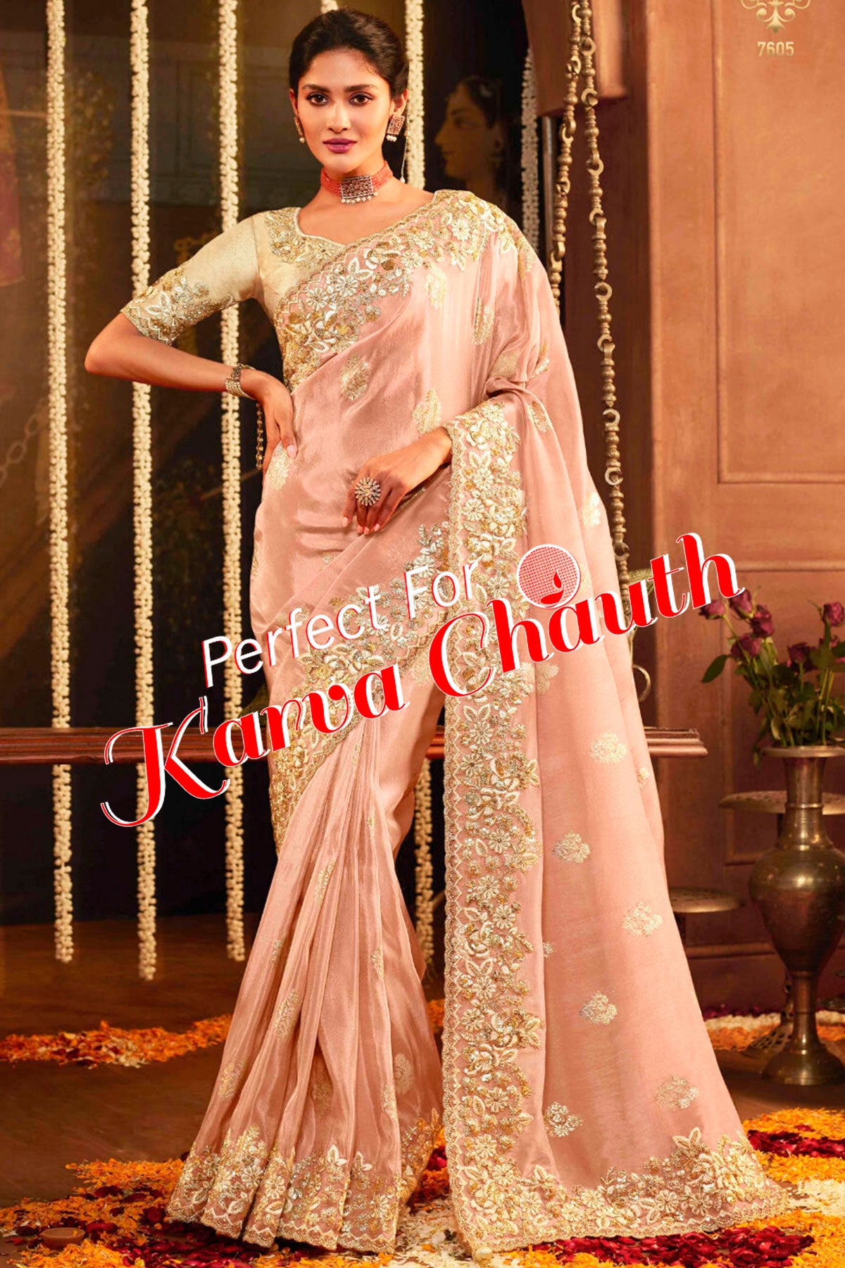 Peach Organza Silk Zari Embroidered Saree