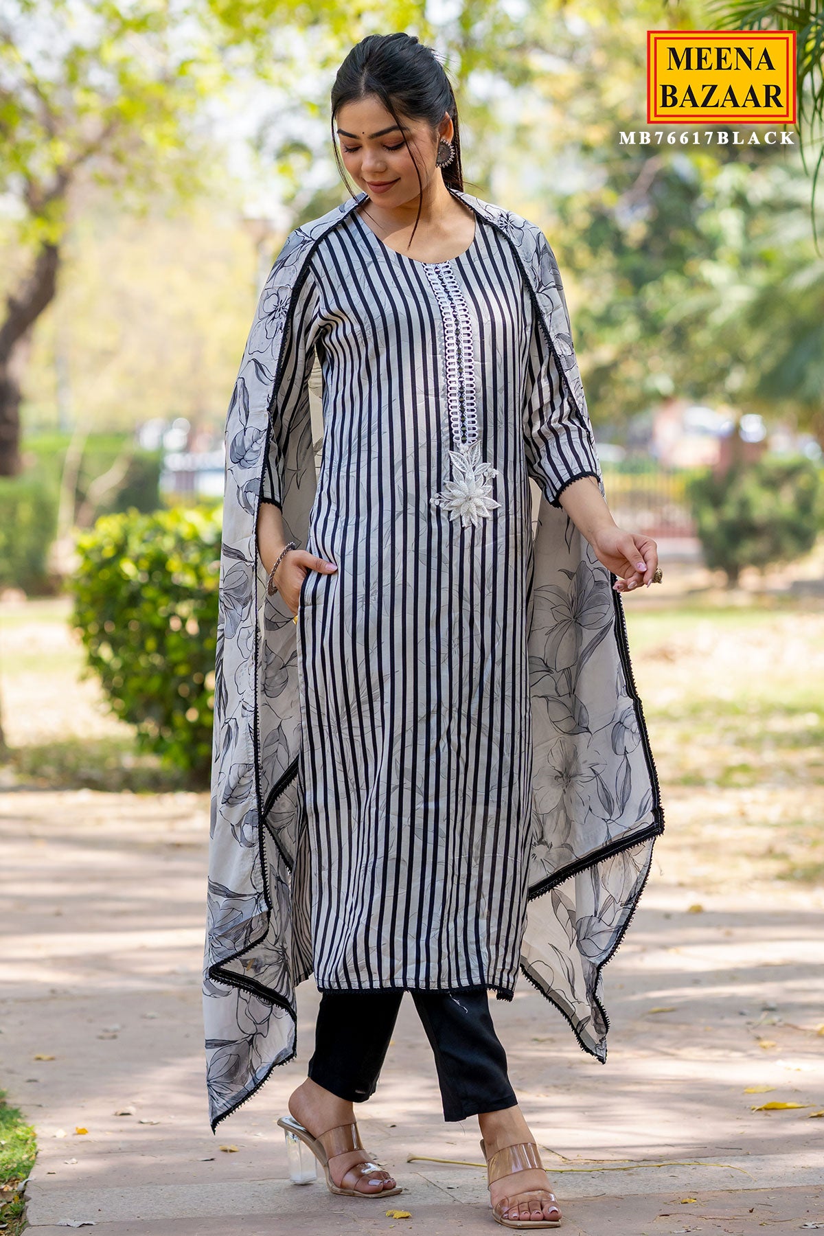 Black Muslin Striped Print Suit With Pants