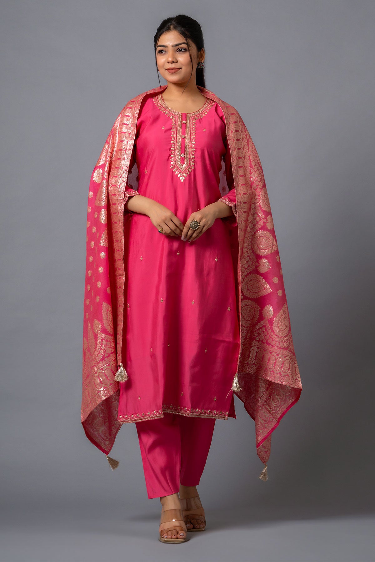 Gajari Pink Muslin Neckline Embroidered Suit