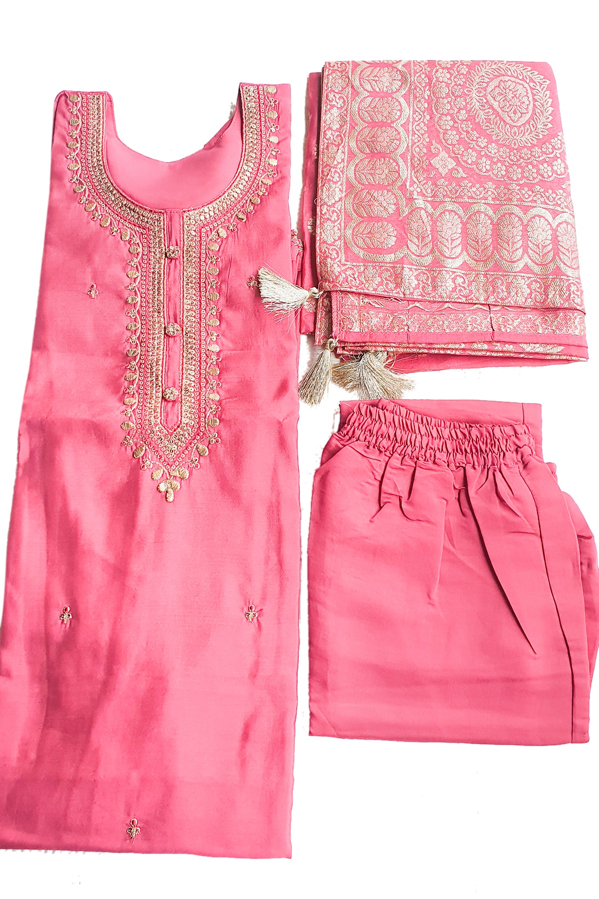 Gajari Pink Muslin Neckline Embroidered Suit