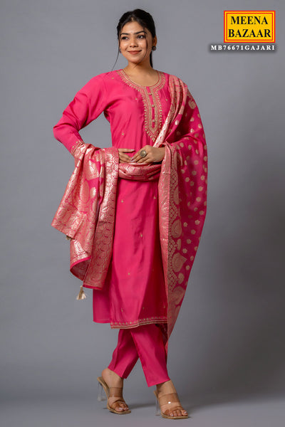 Gajari Pink Muslin Neckline Embroidered Suit