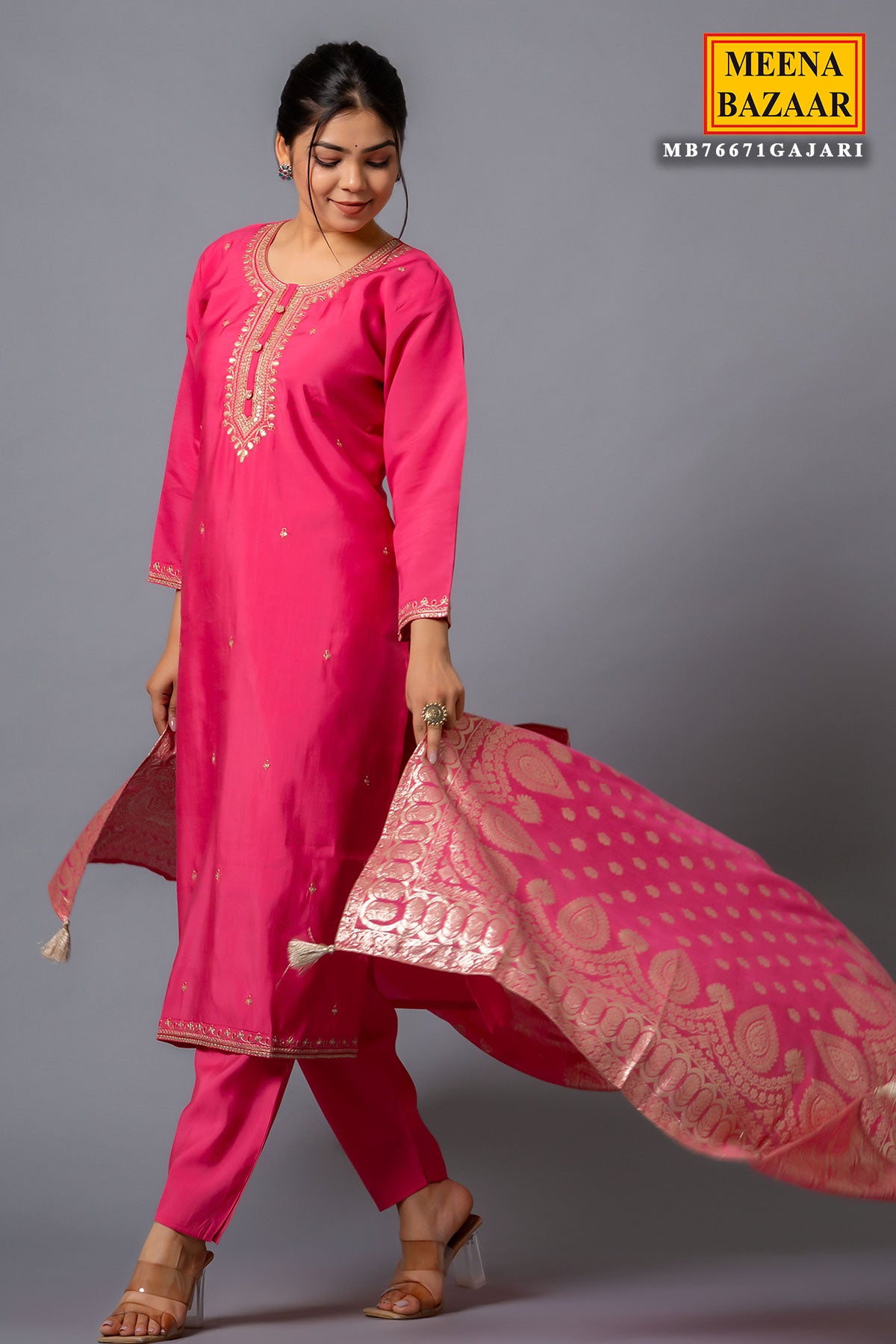 Gajari Pink Muslin Neckline Embroidered Suit