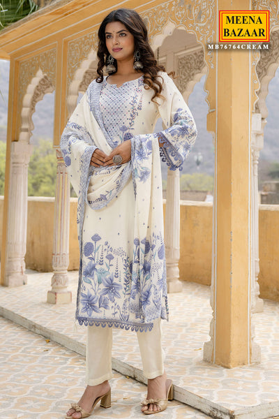 Cream & Blue Floral Printed Muslin Embroidered Suit with Pants Set