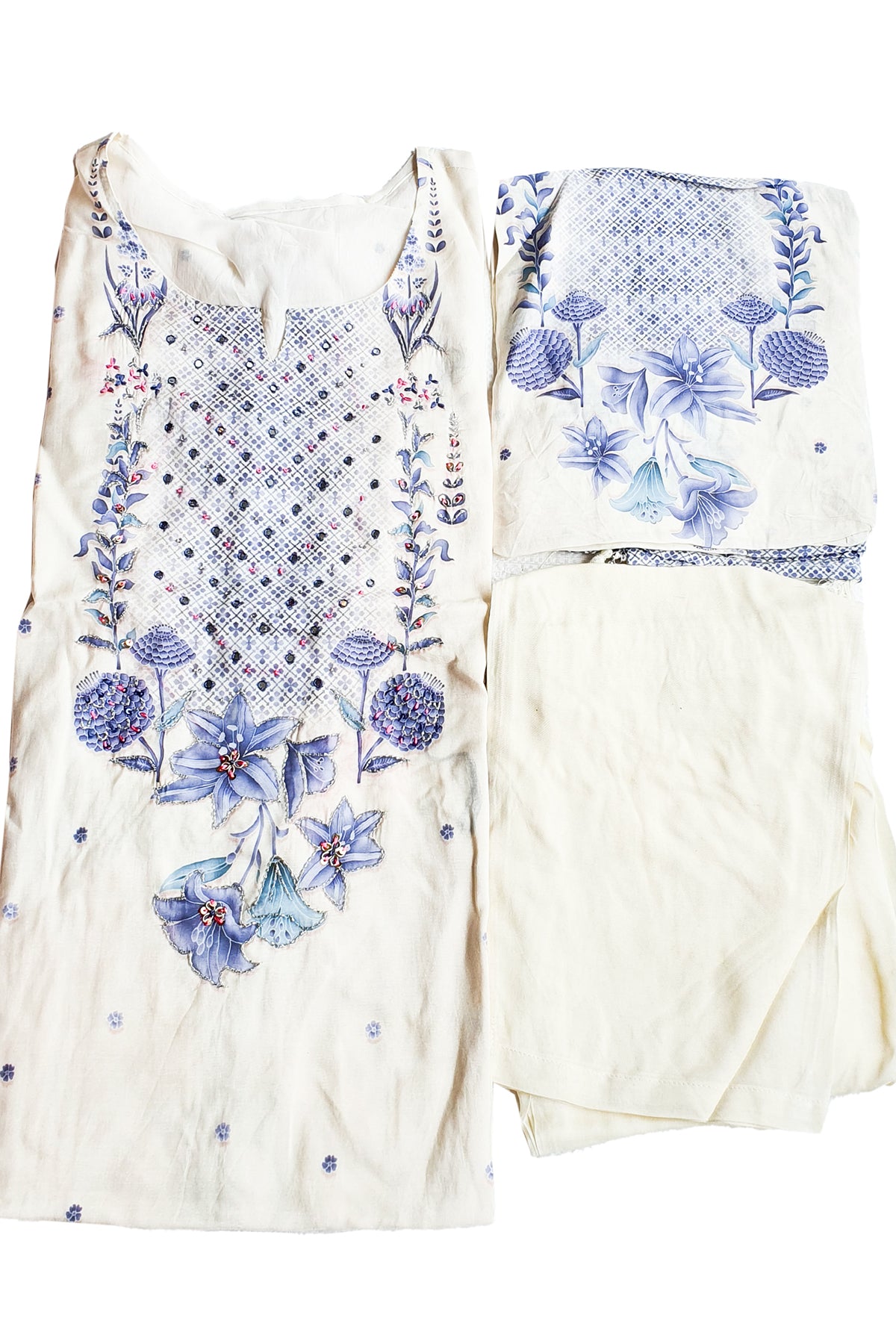 Cream & Blue Floral Printed Muslin Embroidered Suit with Pants Set