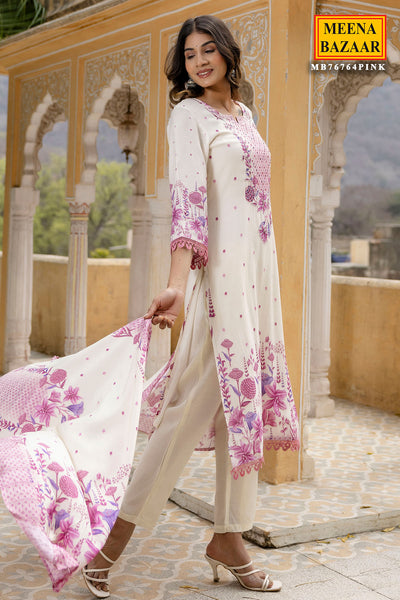Cream & Pink Floral Printed Muslin Embroidered Suit with Pants Set