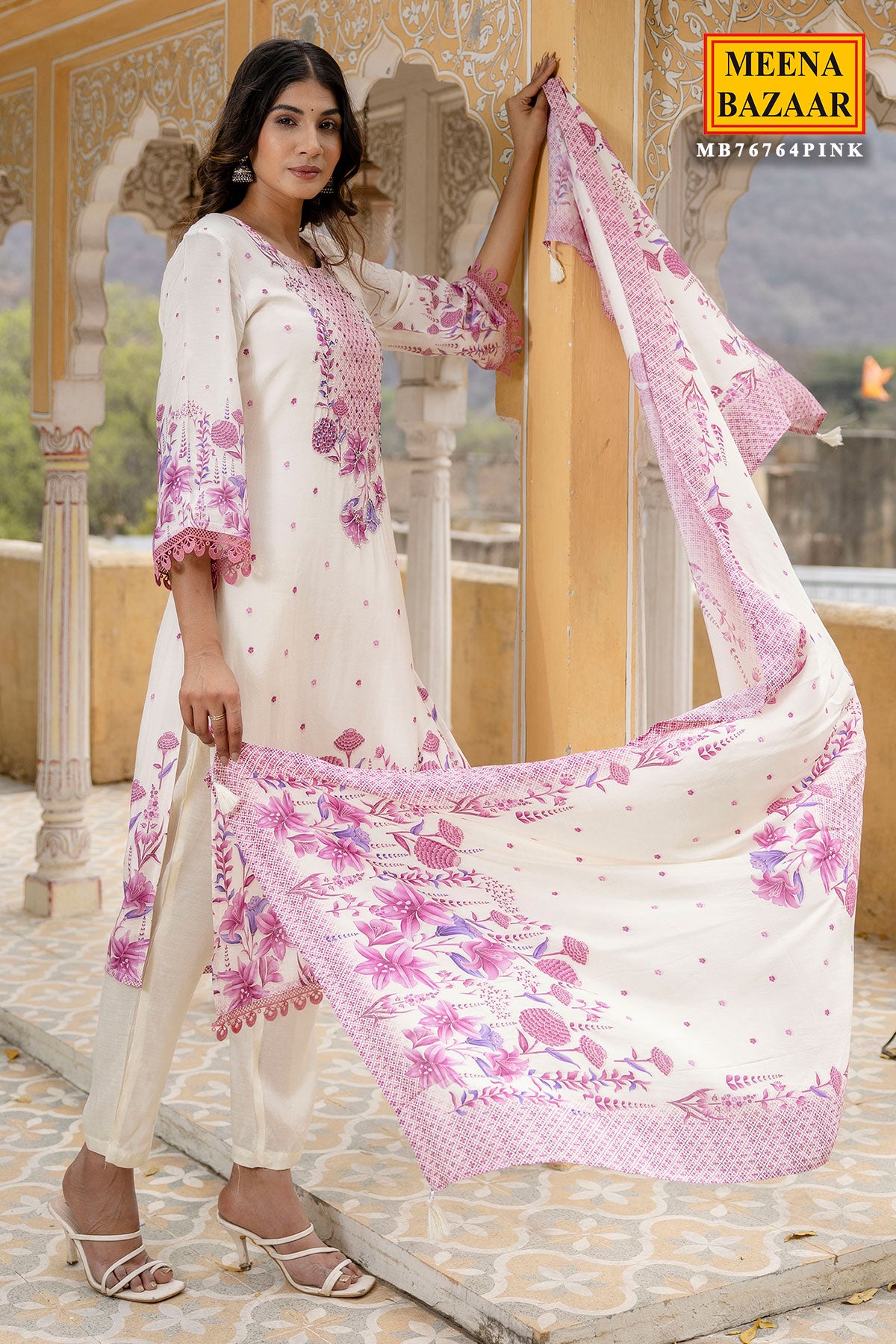 Cream & Pink Floral Printed Muslin Embroidered Suit with Pants Set