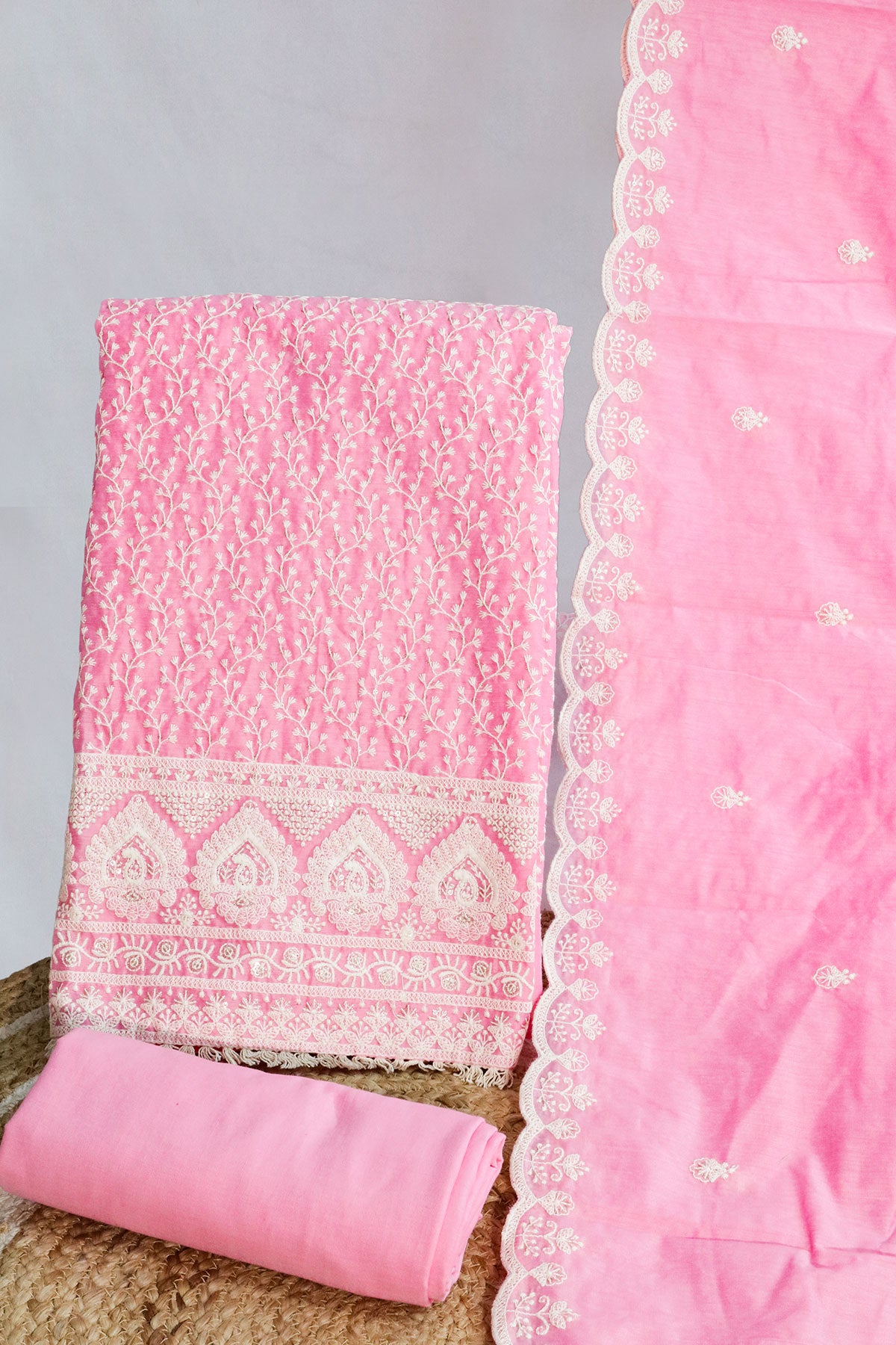 Pink Cotton Embroidered Unstitched Suit