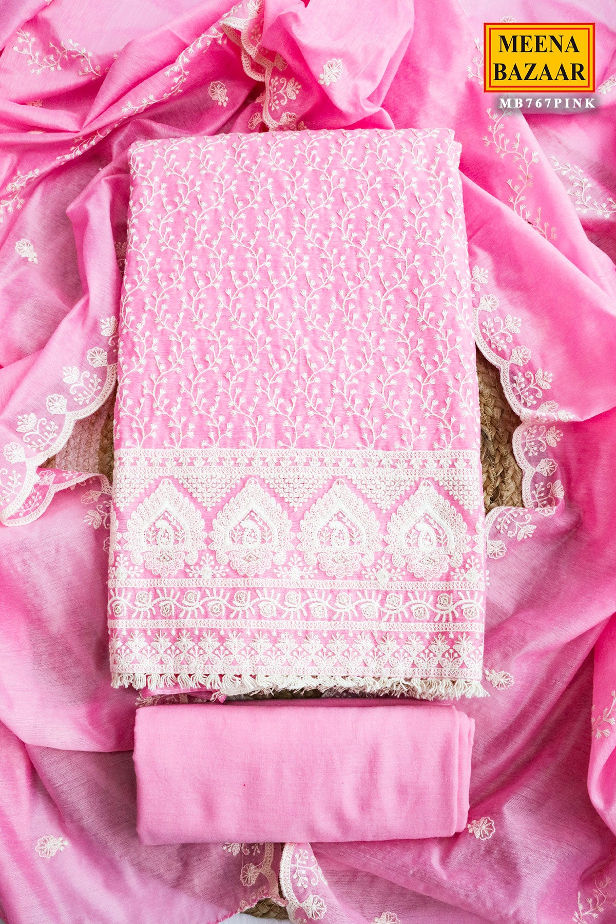 Pink Cotton Embroidered Unstitched Suit