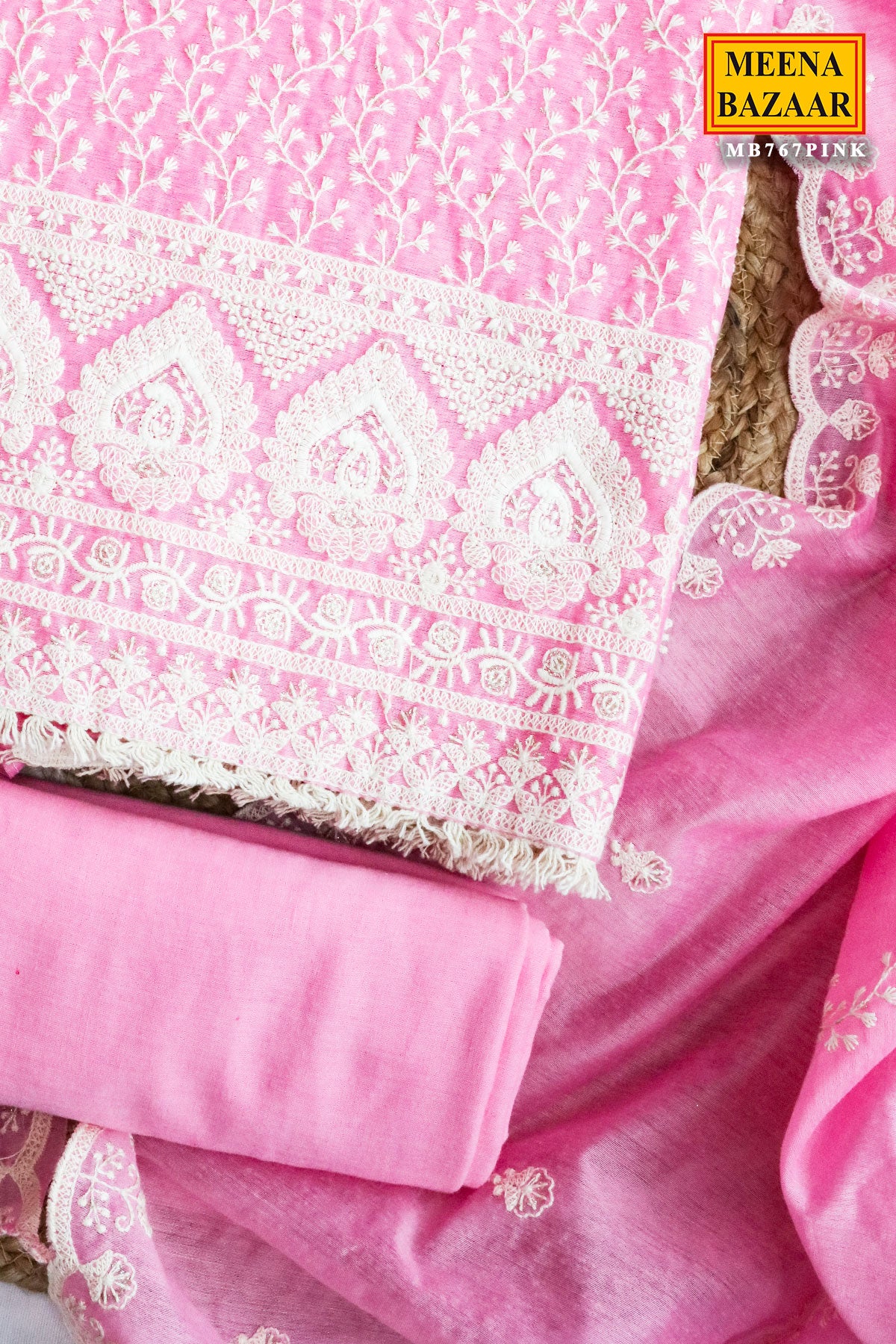 Pink Cotton Embroidered Unstitched Suit