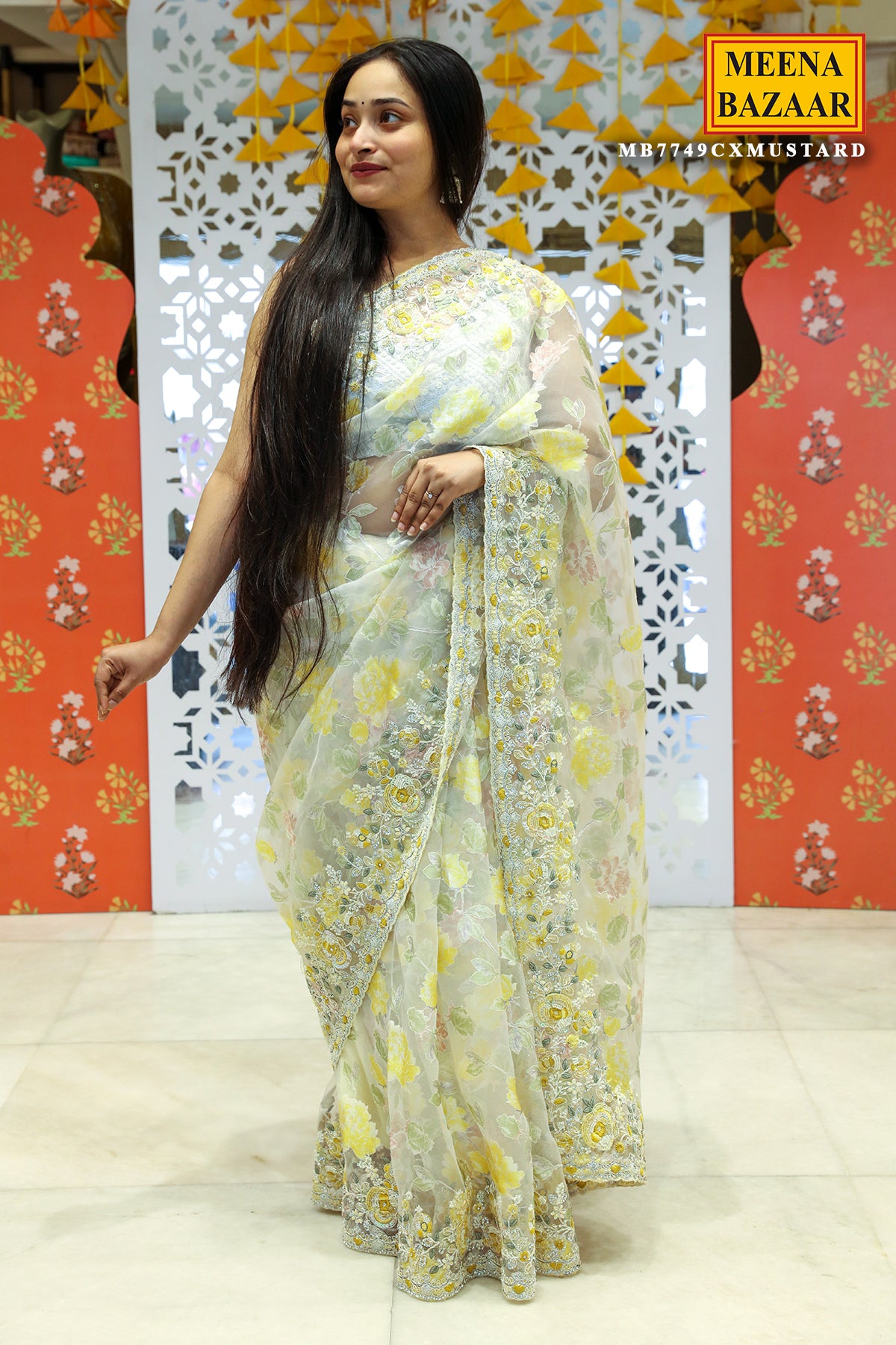 Cream & Mustard Resham Thread, Sequin Embroidered Tissue Saree