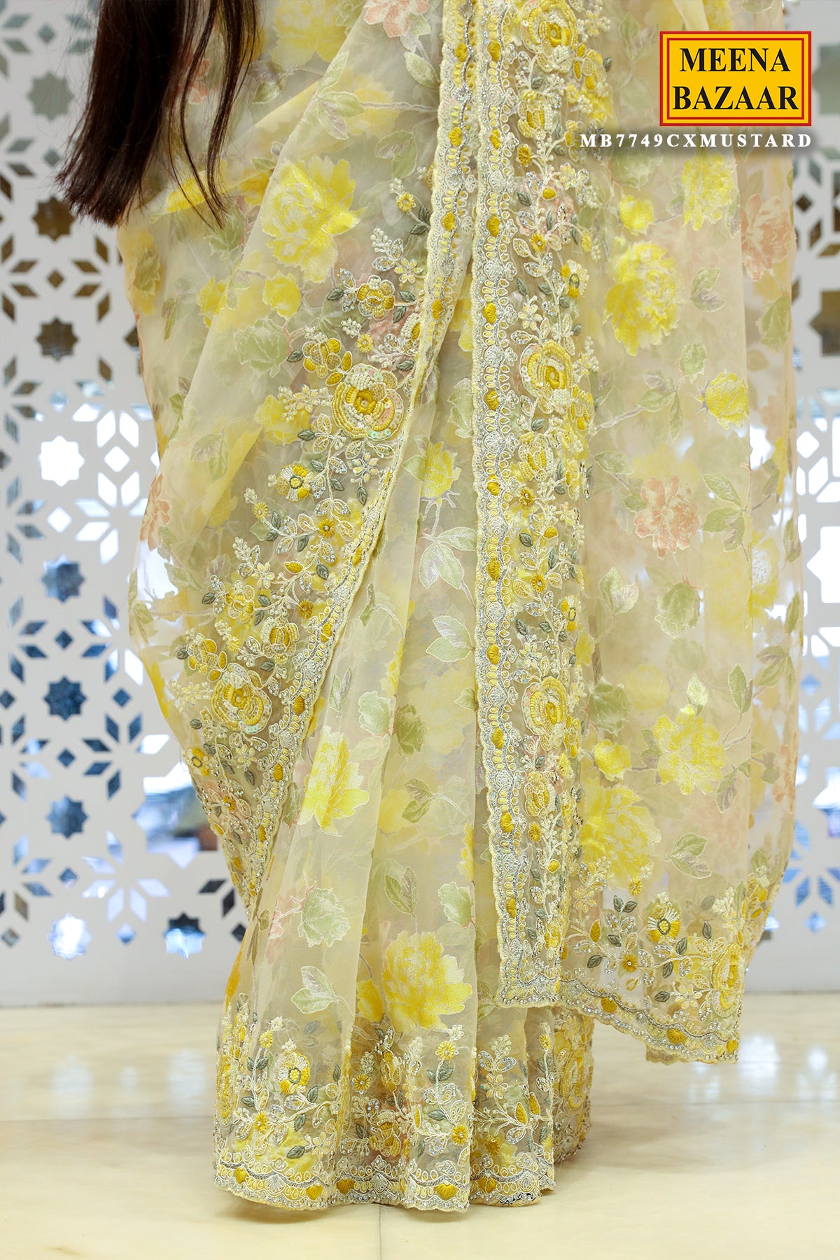 Cream & Mustard Resham Thread, Sequin Embroidered Tissue Saree