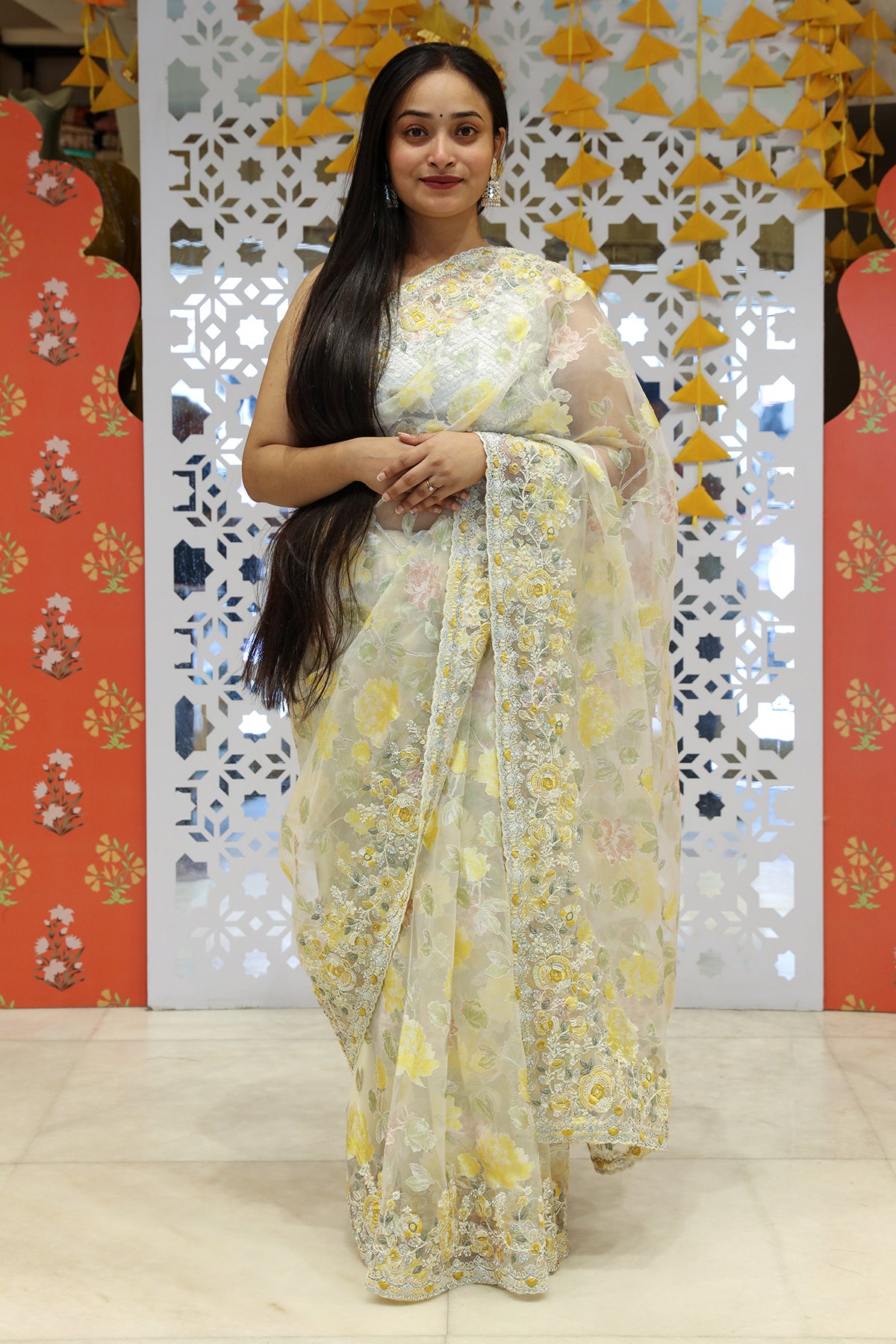 Cream & Mustard Resham Thread, Sequin Embroidered Tissue Saree