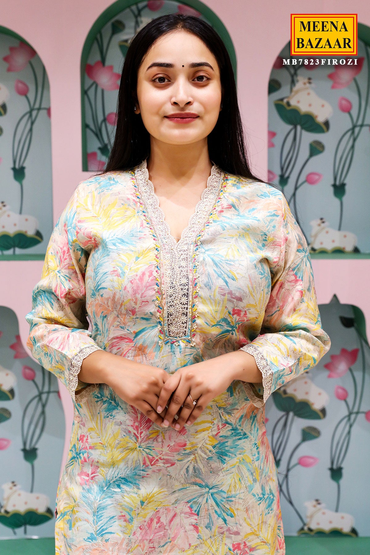 Firozi Muslin Printed Kurti Pant Set