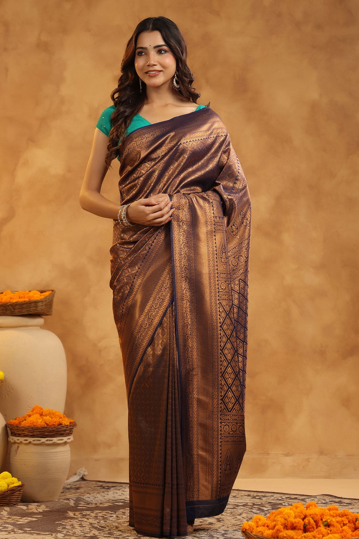 Navy Silk Zari Woven Embroidered Saree