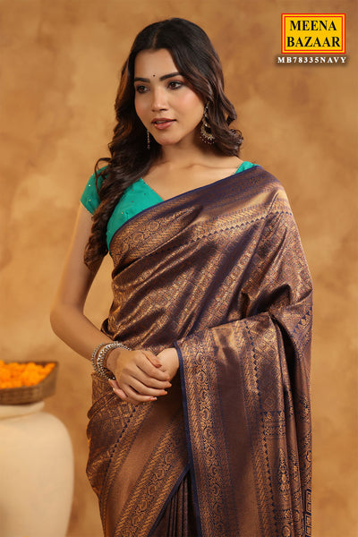 Navy Silk Zari Woven Embroidered Saree