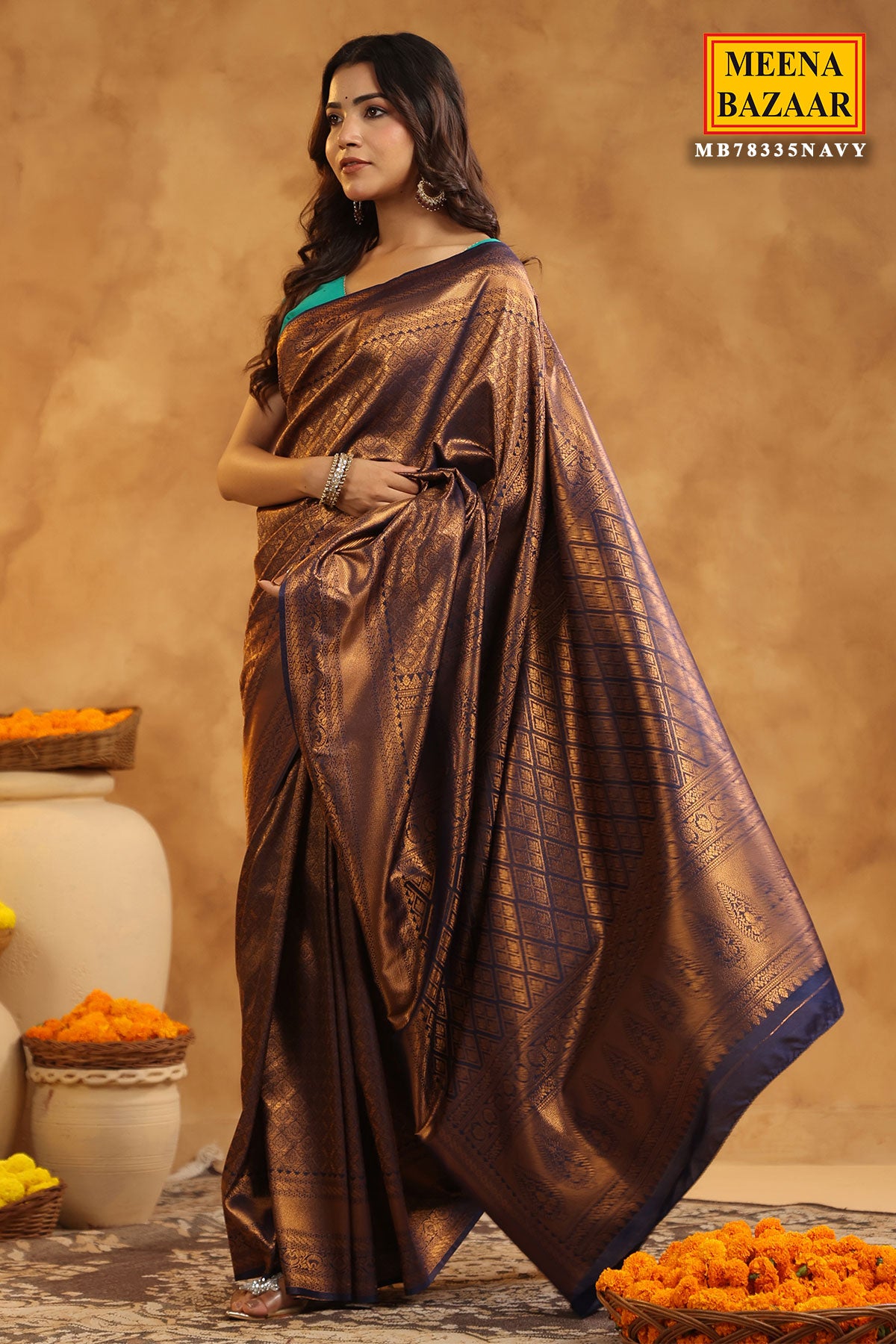 Navy Silk Zari Woven Embroidered Saree