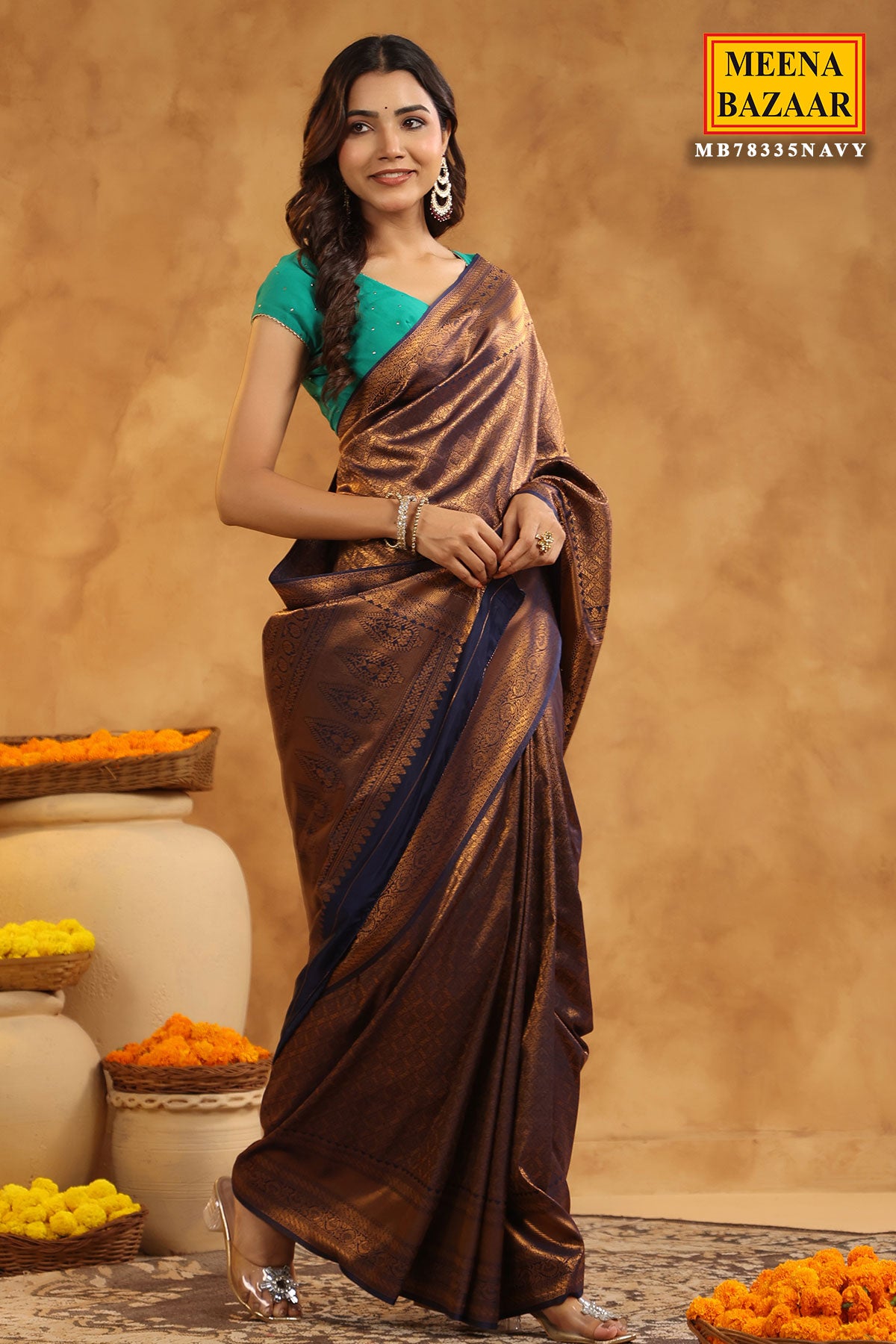 Navy Silk Zari Woven Embroidered Saree