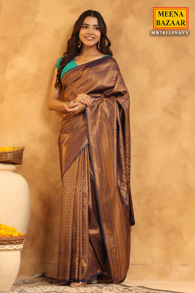 Navy Silk Zari Woven Embroidered Saree